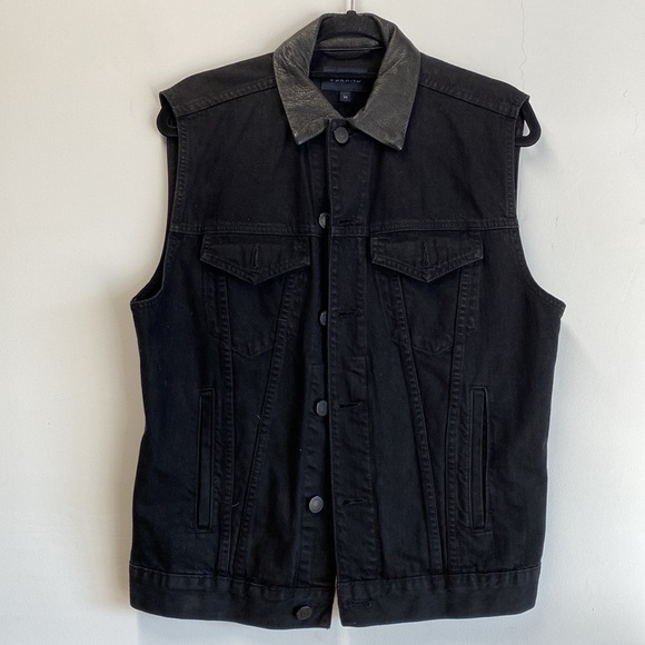 J Brand Black Denim Vest with leather collar - Picture 2 of 3